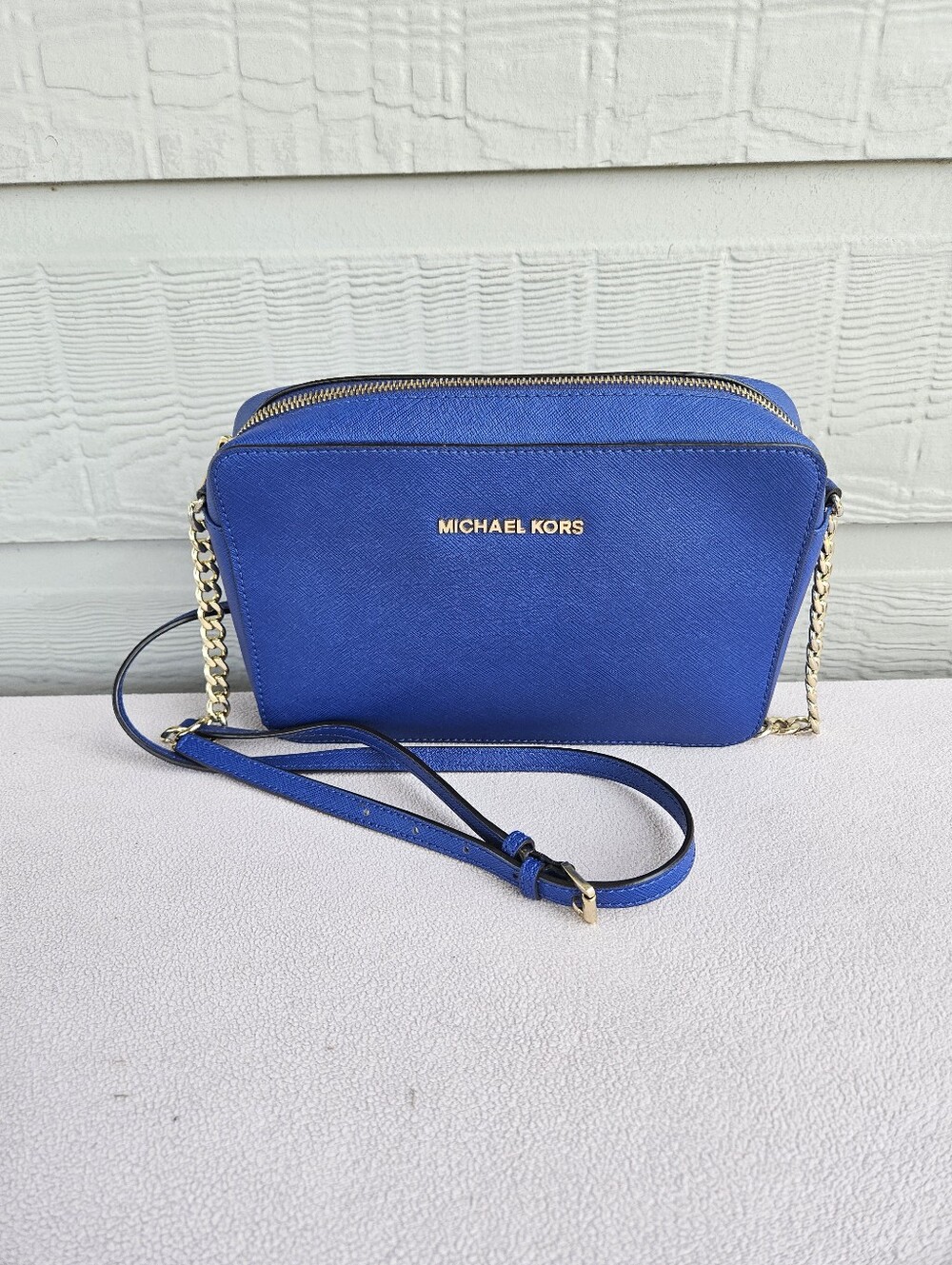 Michael Kors Jet Set Crossbody Purse Handbag Saffiano Leather Blue Chain Strap